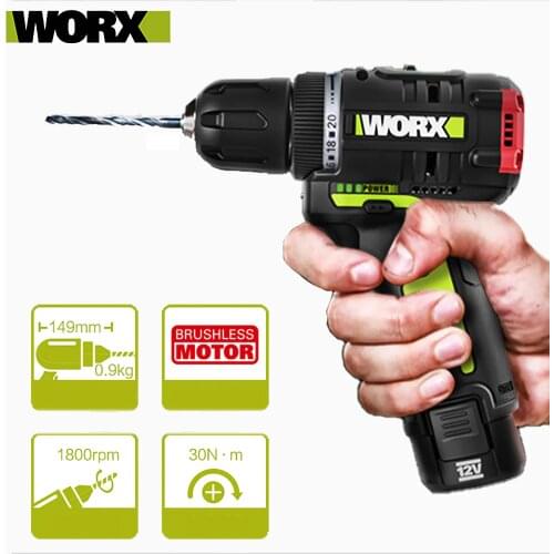 WORX WU130 Brushless Drill Electric Screwdriver 30Nm with 2.0Ah Lithium Battery and Charger Universal with WU132 Screwdriver