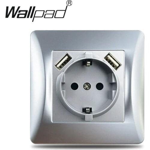 Silver EU USB Power Socket Plastic Panel Wallpad Silver EU 16A Russia Spain NL DE Wall Socket with Double USB Phone Charger 2.1A