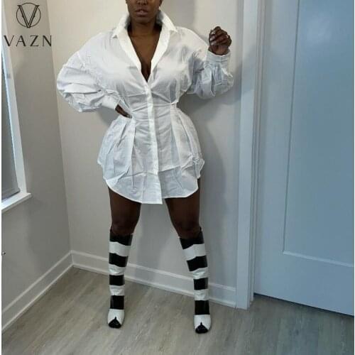 VAZN New 2021 Solid Full Sleeve Sexy Club Birthday Shirt Dress Evening Gown Women Elegant Fashion Female Dress Club Shinny Dress