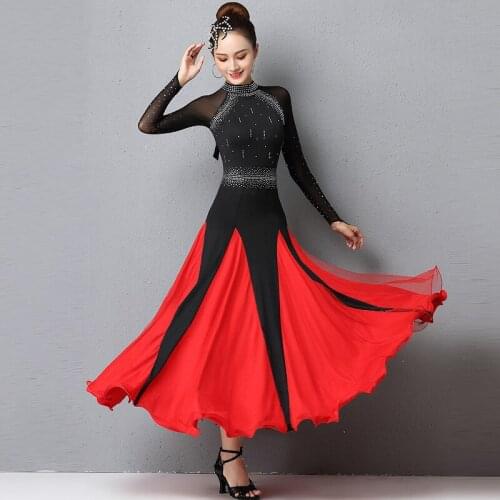 New Modern Dance Dress For Women Adult Long Sleeve Elegant Rhinestone Ballroom Dance Competition Clothes Waltz Clothing DQL4593