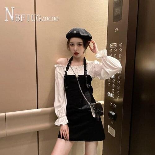 2020 New Spring Korean Fake Two Pieces Women Dress Slash Neck Temperament Sexy Female Dresses