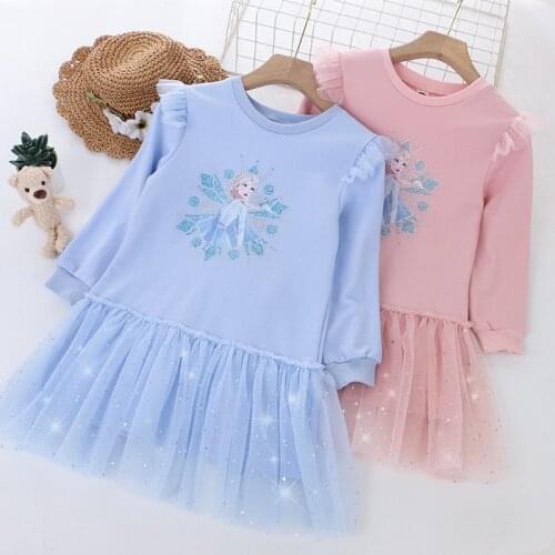 Autumn Kids Dresses for Girls Frozen Elsa Sweatshirt Dress Spring Little Children Costume Mesh Party Outfits Birthday Clothes