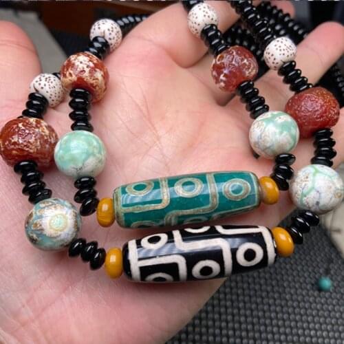 Retro Turquoises Natural Tibetan Dzi Agates Pendant Necklace Nine Eyes Red Agat Stone Necklace for Women Men Healing Jewelry