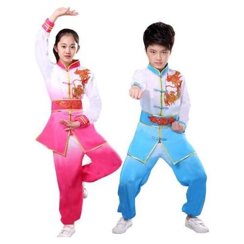 Rose/blue kids embroidery dragon clothing martial arts wushu uniforms Children tai chi training suit