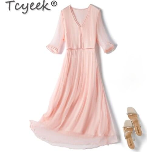 Tcyeek 100% Silk Summer Dresses for Women 2021 Beach White Dress Ladies Dresses Korean Fashion Vestidos De Mujer Casual Gxy6
