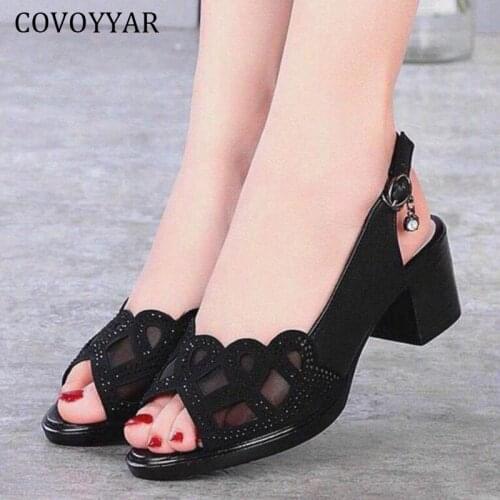 COVOYYAR Pumps Shoes for Women 2021 Spring Summer Crystal Mesh Sandals Open Toes Office Mid High Heels Woman WHH252
