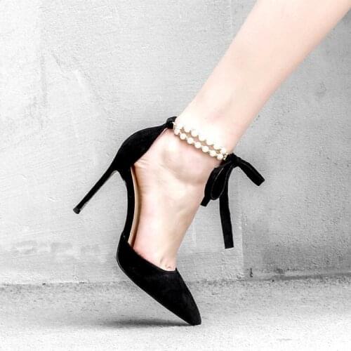 Free shipping fashion Casual Designer Black suede pearls strappy ankle high heels shoes Stiletto pumps party shoes