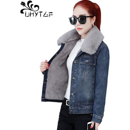 UHYTGF Winter Denim Jacket Women Lambswool Plus Velvet Warm Outwear Fur Collar Casual Student Short Jeans Coat Parker Female1387