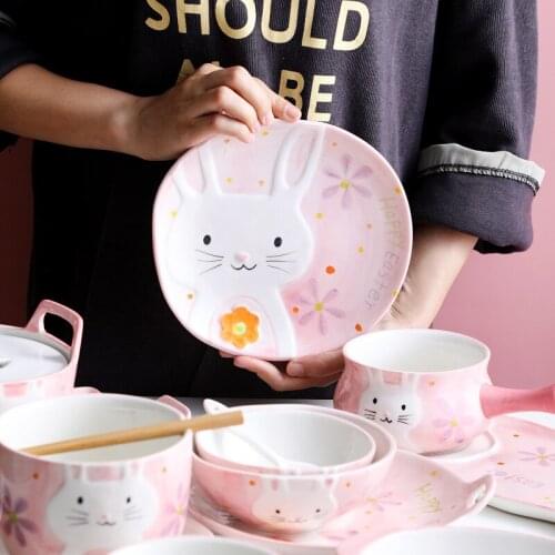Japanese cartoon ceramic tableware set dish plate underglaze color Rice Bowl household dish plate cute Cup Net red pink