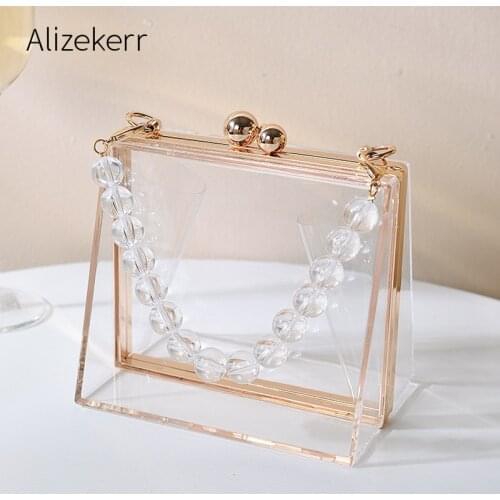 Beaded Chain Acrylic Box Clear Bags For Women 2021 New Summer Small Square Handbag Female Transparent Evening Purse Wholesale