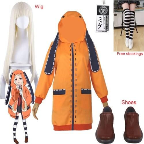 Anime Costume Yomoduki Runa Cosplay Jackets Kakegurui Compulsive Gambler Runa Shoes and Wig Women Orange Hooded Zip Coat