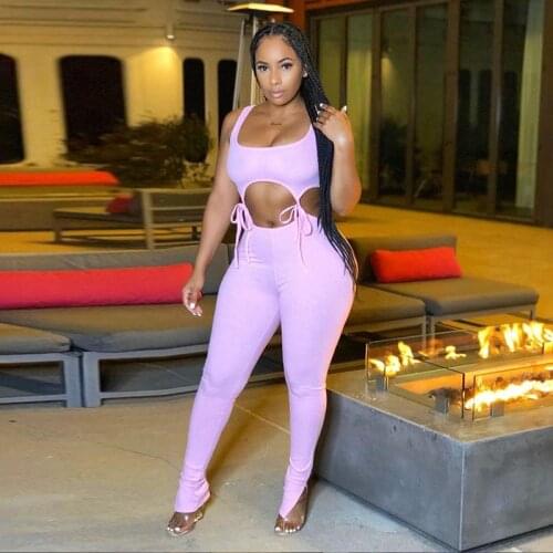 QuanRun 2 Piece Set Casual Sexy Women Sleeveless Hollow Out Crop Top+Straight Pants Fitness Streetwear 2021 Spring Summer