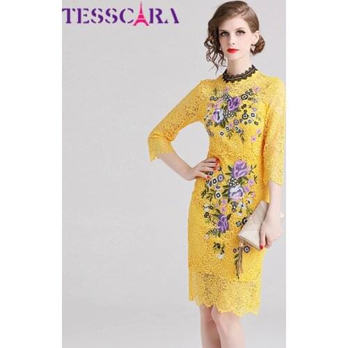 TESSCARA Women Autumn Elegant Embroidery Lace Dress Female Floral Designer Party Robe High Quality Yellow Cocktail Vestidos