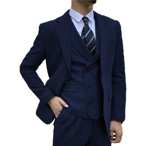 YIWUMENSA Winter Navy/Blue Wollen Herringbone Mens Suits For Wedding 3 Pieces Set Slim Fit Coat+Vest+Pants Male Blazers Tuxedo