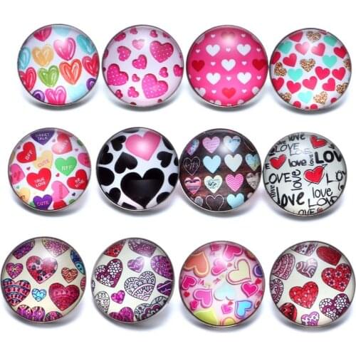 12pcs/lot Cute Love Hearts Theme Glass Charms 18mm Snap Button Jewelry For 20mm Snaps Bracelet Snap Jewelry KZ0694c