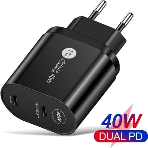 40W Double PD USB Charger QC 3.0 Fast Charge Phone Adapter For iPhone 12 11 Pro Xr Xs Max iPad Airpods Huawei Xiaomi Samsung