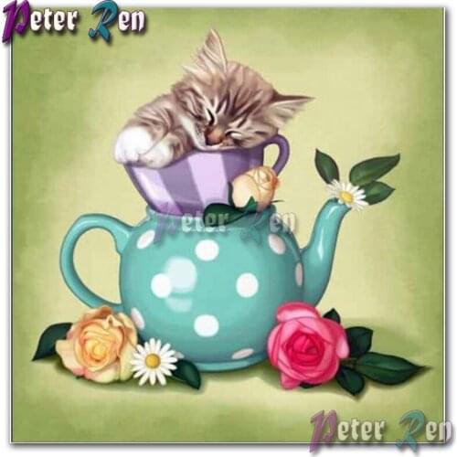 5d Diamond drawing Cat on green teapot Rose Square Round Painting Diy Mosaic cross stitch Home Decoration