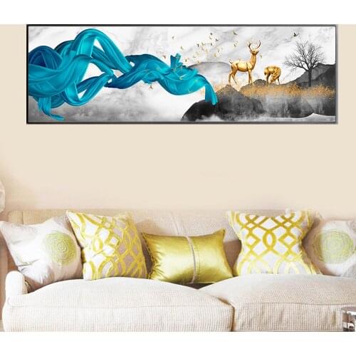 Abstract Ribbon Gold Deer Tree and Bird Canvas Art Painting Nordic Poster and Print Minimalist Wall Picture Modern Living Room