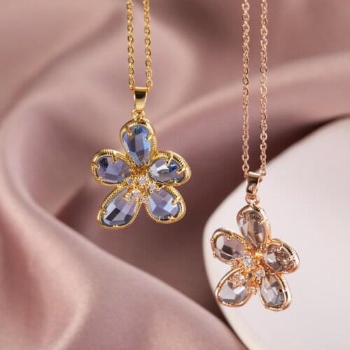 Fashion Zircon Big Flower Pendant Necklace For Women Girls Stainless steel Chain Copper Plant Charms Choker Jewelry Gifts