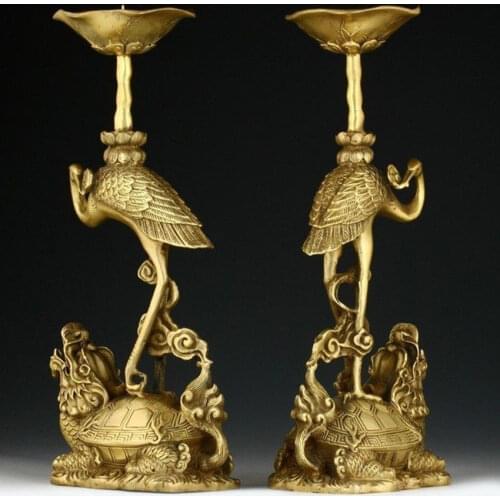 Pure buddhism brass PAIR OF ORIENTAL CHINESE CARVED COPPER CANDLE STICK-CRANE STATUES Garden Decoration 100% real Brass