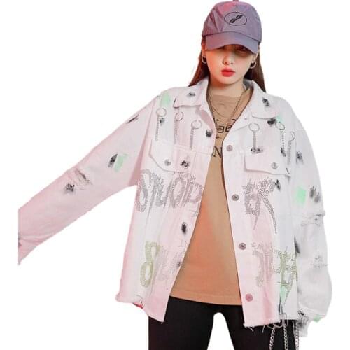 Spring and autumn punk style couple clothes iron chain denim jacket hip-hop hot drilled raw edge ripped denim jacket oversized