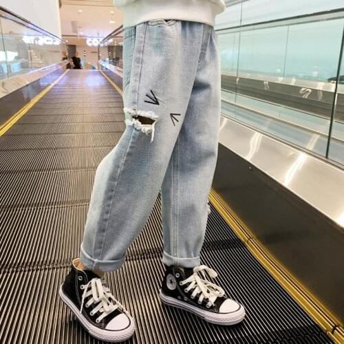 Hole Spring Autumn Denim Pants For Girls Fashion Childrens Jeans Elastic Waist Kids Jeans Girl Casual Clothes For Girl for 3-12