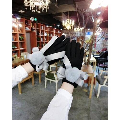 Bowknot Rex Rabbit Fur Ball Cashmere Gloves Korean Ladies Fashion Cute Thickening Plus Velvet Warmth Finger Touch Screen Gloves