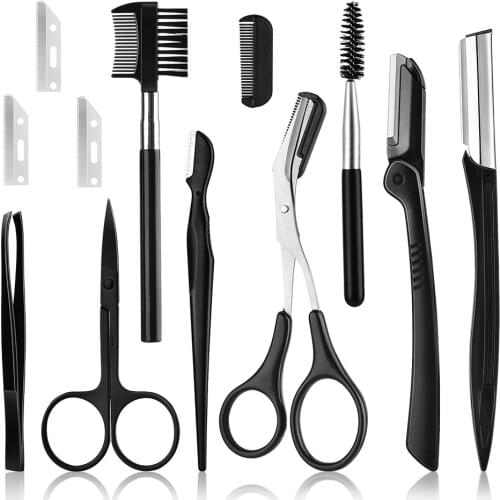 11pcs Eyebrow Razor Kit Eyebrow Scissors with Comb Tweezers Face Razors Eyebrow Trimmer Eyelash Brush Eyebrow Comb