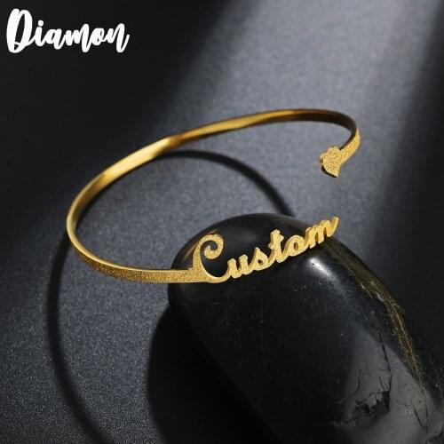 Diamon New Personalized Custom Frosted Name Bracelet Adjustable Stainless Steel Open Love Bangle Jewelry Gift For Lover