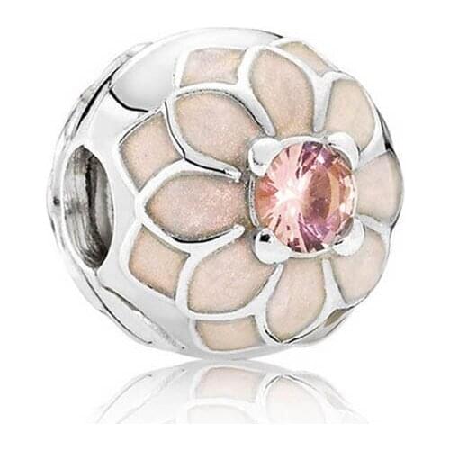 Blooming Dahlia Clip Fit Charm Bracelet Plush Pink Stone Crystal Beads for Jewelry Making 925 Sterling Silver DIY Flower Charms