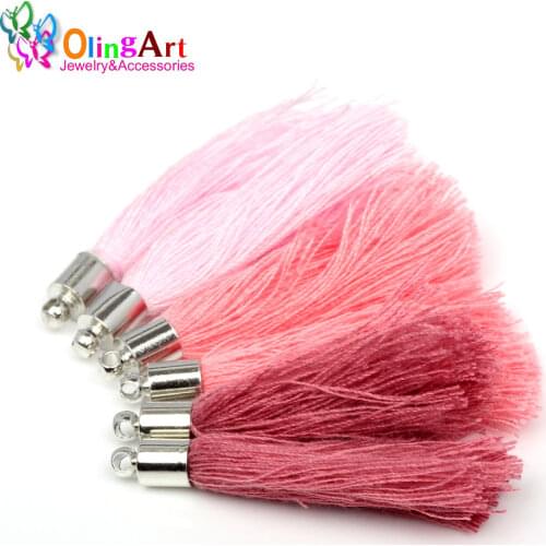 OlingArt 40mm Mix Color Gradient pink Cotton Silk Satin Charm Tassel Necklace Earring For Jewelry Making handbag Pendants 2019
