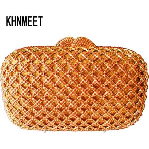 Orange lattice Pattern Clutch Evening Bag Luxury crystal Party Clutch Purse Cocktail Bag Women Studded Diamond Lady Handbag 249