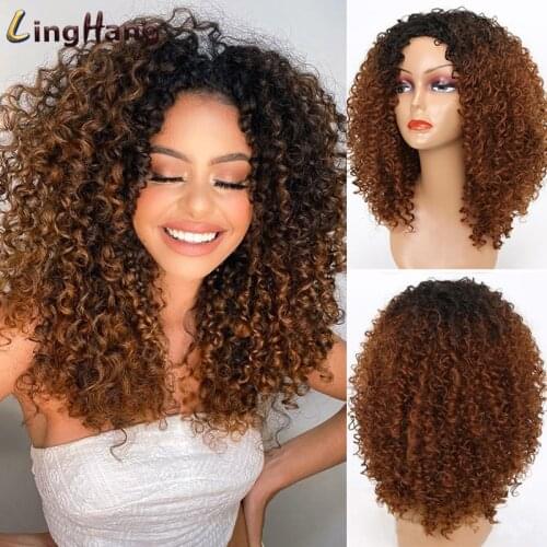 LINGHANG 14inch Afro Kinky Curly Wig Synthetic Short Wig With Bangs Mixed Brown and Blonde Wig for Black Women