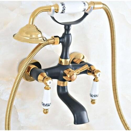 Oil Rubbed & Gold Brass Two Handle Wall Mounted Bathroom Bath Tub Faucet Set with 150CM Hand Held Shower Spray Mixer Tap 2na414