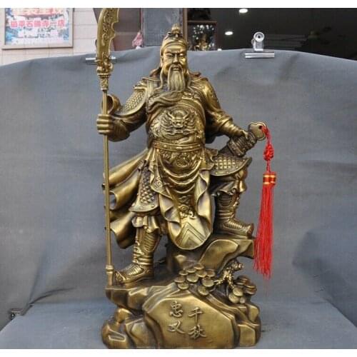 Old Chinese brass Stand Guan Gong Yu Warrior God Dragon Guangong Guan Yu Statue