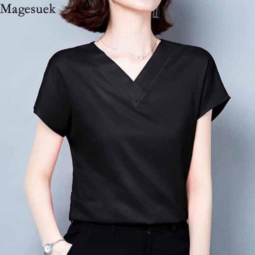 Summer 2021 V-neck Office Lady Tops Casual Plus Size M-4XL Loose Blouse Women Silk Satin Short Sleeve Solid Shirts Clothes 10297