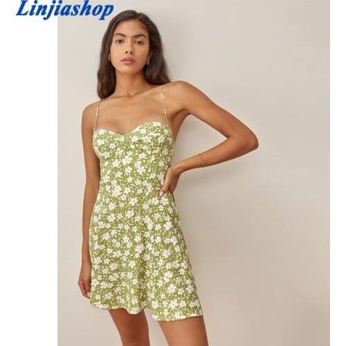 Vintage Green Floral Summer Dress France Chiffon Adjust Spaghetti Straps Vestido Fashion Girl Cute Dress
