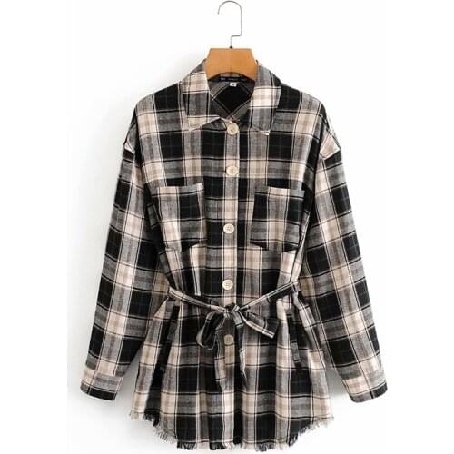 Autumn Women Stylish Plaid Print Loose Za Shirt Jackets With Belt 2020 Chic Lady Fashion Long Sleeve Pockets Jacket Outwear