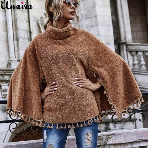 Unaiza Womens Solid Color Top Clothes Slim Fashion High Neck Tassel Hem Cloak Long Sleeve Jacket Female Loose Casual Clothes