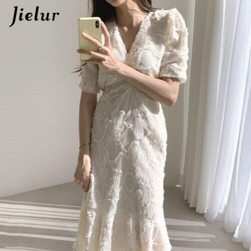 Jielur Retro A-line Solid Colur Long Dresses for Women Black White Elegant V-neck Dress Female Waist-Controlled Dress Women S-L