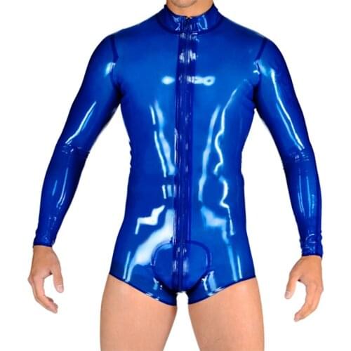 100% handmade mens tights transparent blue latex bodysuit with front zipper to ASS design