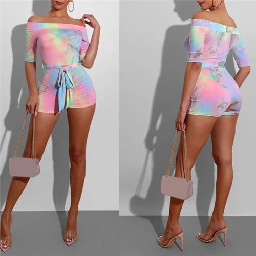 2020 New Women Sexy Jumpsuit With Sashes One Off Shoulder Short Sleeve Tie-Dyed Printed Slim Romper Bandage Playsuits Clubwear