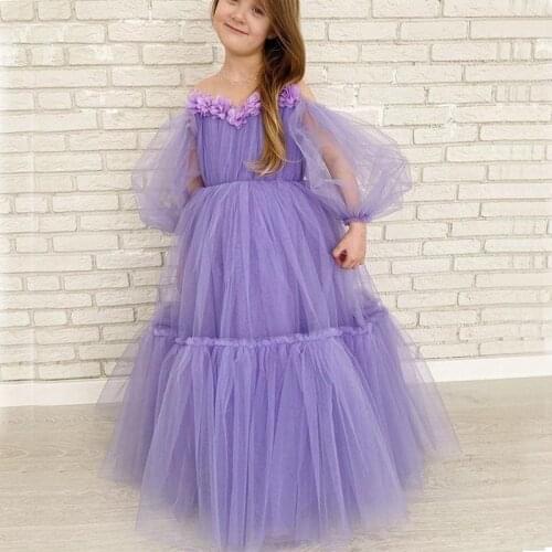 YiMinpwp Sweet Flower Girl Dresses Sheer Neck Long Sleeve Floor Length Pleats Ruched 3D Floral Beads Kids Birthday Party Gowns