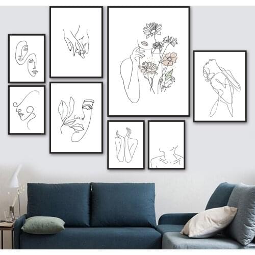 Line Girl Face Hand Daisy Flower Abstract Wall Art Canvas Painting Nordic Posters And Prints Wall Pictures For Living Room Decor