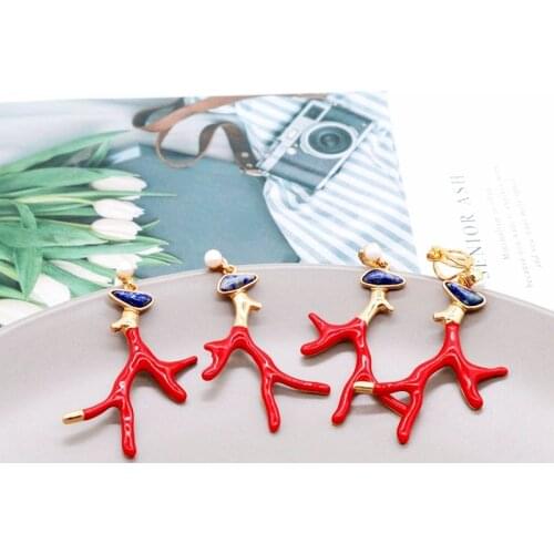 Red Enamel Branch Blue Stones Earrings Party Jewelry