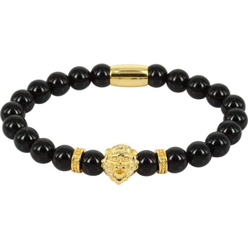 8mm Natural Round Smooth Black Onyx Semi Precious Stone Beads With Lion Head Charm Spacer Standard Bracelets For Man