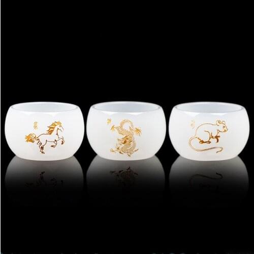 12 Chinese Zodiac Handcarved White Jade Porcelain Tea Cup Master Kungfu Teacups Single Glass Teaset Rat Year Of Life Gifts
