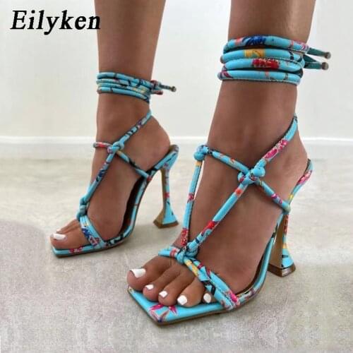 Eilyken Gladiator Print Sandals Women Summer Open Toe Strange Style High Heels Fashion Ankle Cross Lace-Up Ladies Shoes