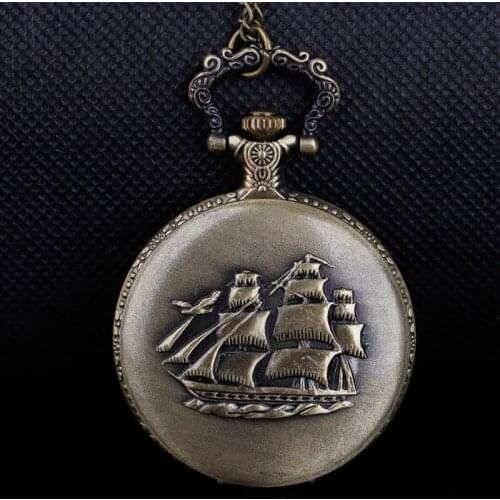 Exquisite Bronze Boat Quartz Pocket Watch with Chain Pendant Necklace Fob Watch Men Women Gifts TD2145