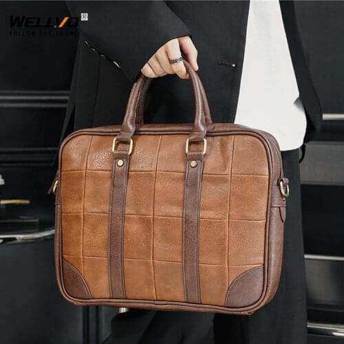 2021 Business Mens Bag Travel Portable Briefcase PU Leather Men Single Shoulder Plaid Laptop Computer Bags Male Handbag X203C